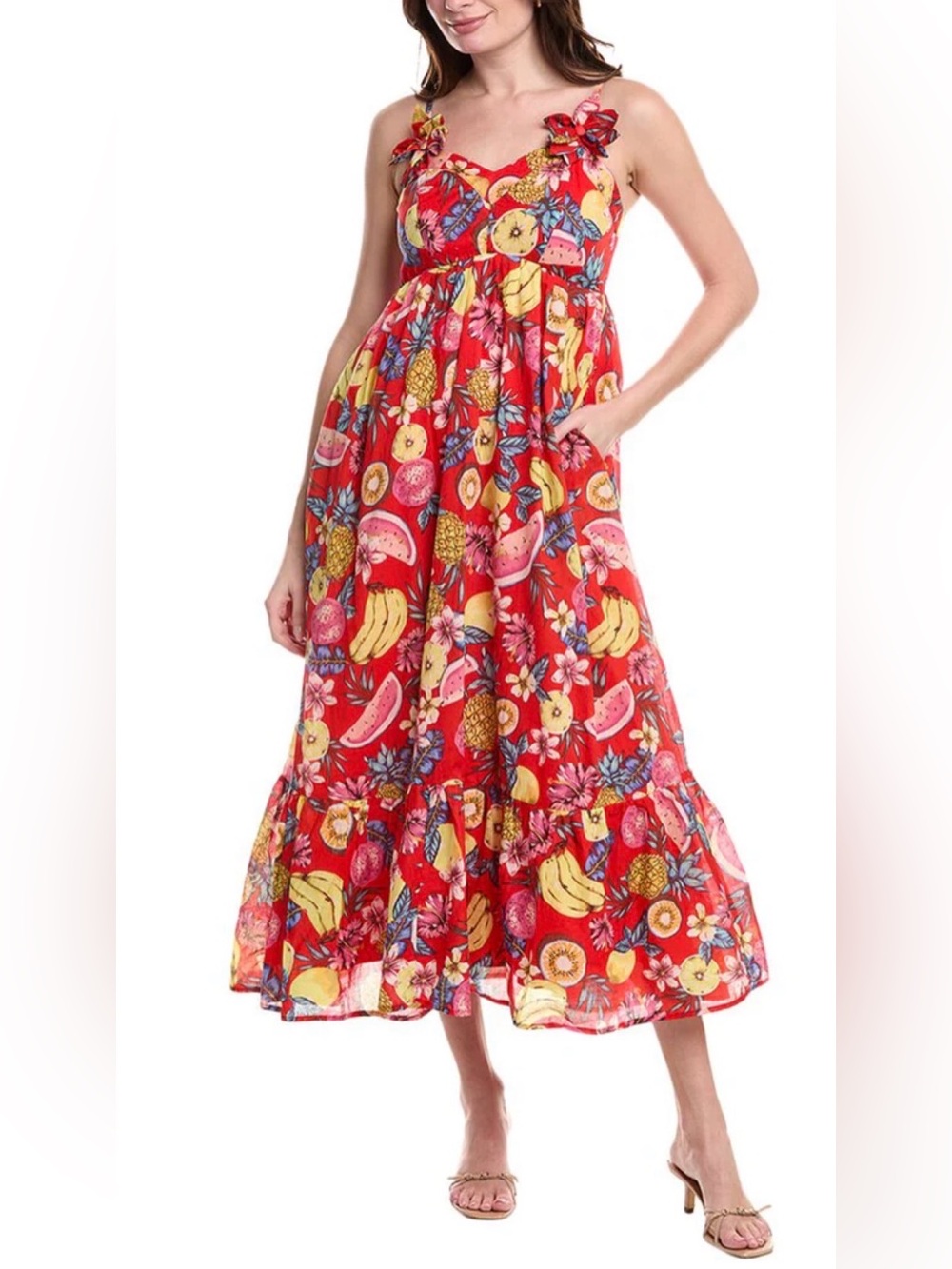 NWT Fate Red Tropical Fruit motif voile maxi Dress- small